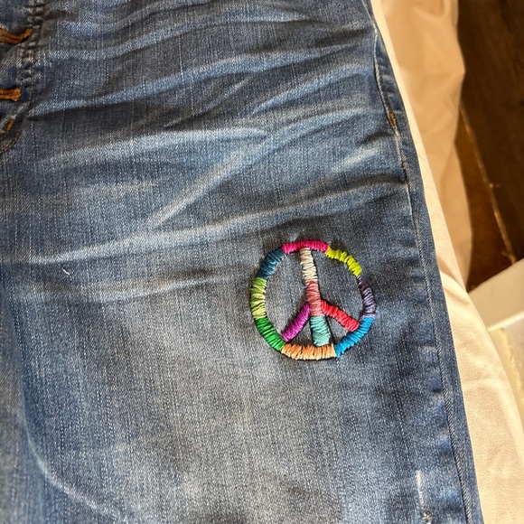 MADEWELL Cali Demi Boot Hand Embroidered Hippie Peace Sign Jeans Upcycled Sz 31 - Picture 2 of 16